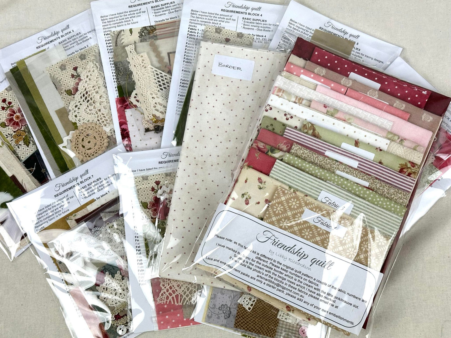 ON SPECIAL was $495, now $415.       Friendship Quilt (new colours) - full kit with applique fabrics and embellishments