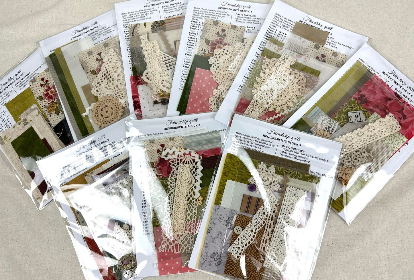 ON SPECIAL was $495, now $415.       Friendship Quilt (new colours) - full kit with applique fabrics and embellishments