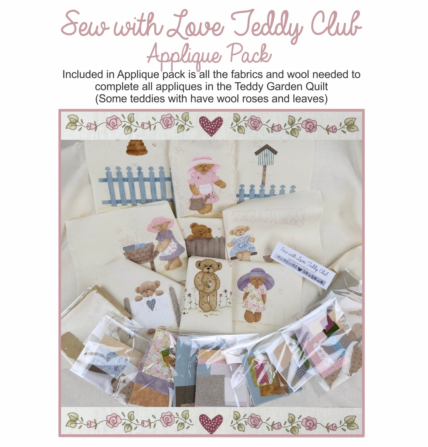 Sew with Love Teddy Applique fabric and wool pack